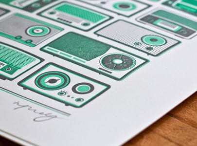 letterpress printed green and grey ink Pump Up The Volume card