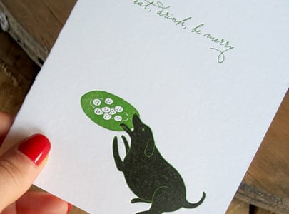 letterpress holiday greeting card dog eat drink be merry