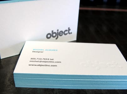 letterpress printed business card for object, blind deboss with blue ink and edge painting