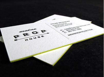 letterpress business card black and blind deboss for maine prop house