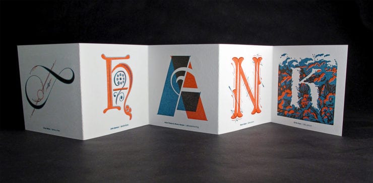 custom letterpress printed thank you with two color orange and blue deboss