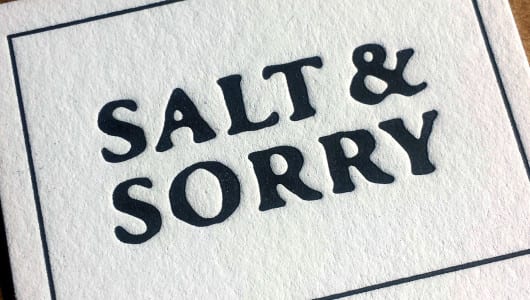 custom letterpress business card, black ink on white paper for salt and sorry