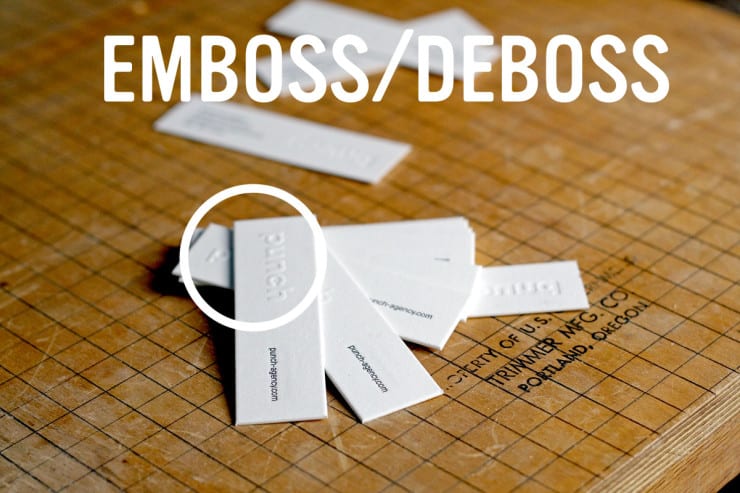 samples of custom letterpress printed business cards with blind emboss deboss and black ink