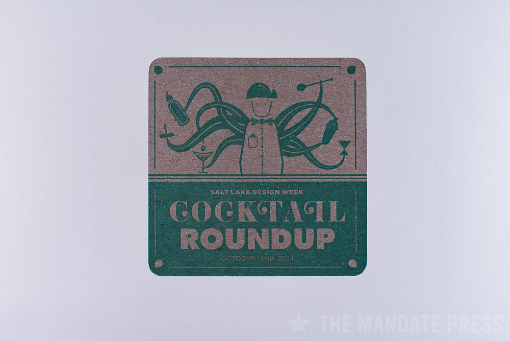 letterpress printed coaster green ink on chipboard for cocktail roundup