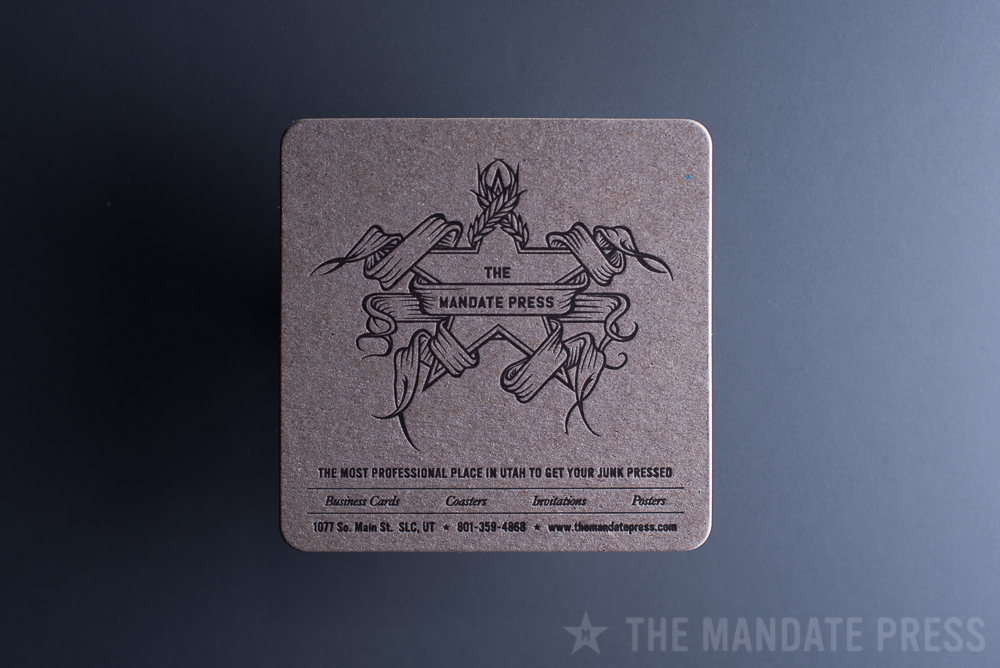 black ink on chipboard letterpress printed square coaster