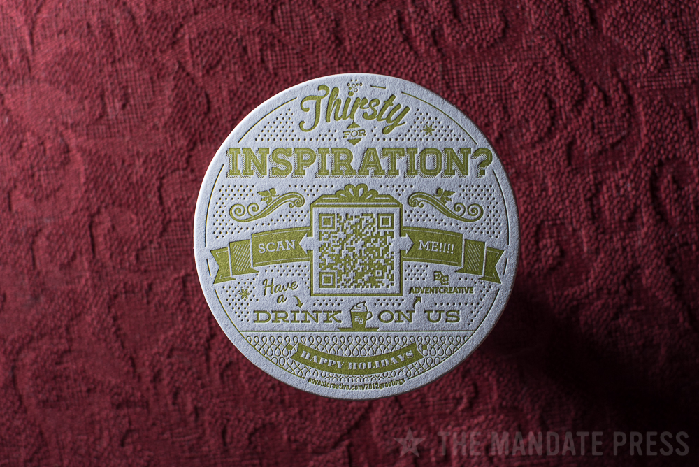 letterpress printed coaster with QR code green ink