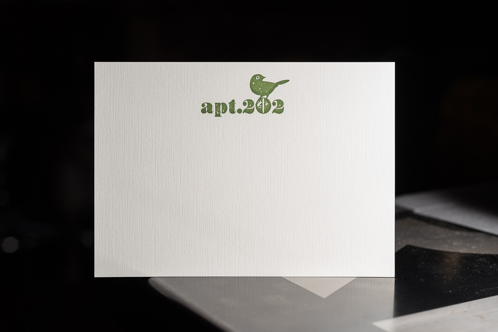 letterpress printed flat notecard for apt 202 on classic linen