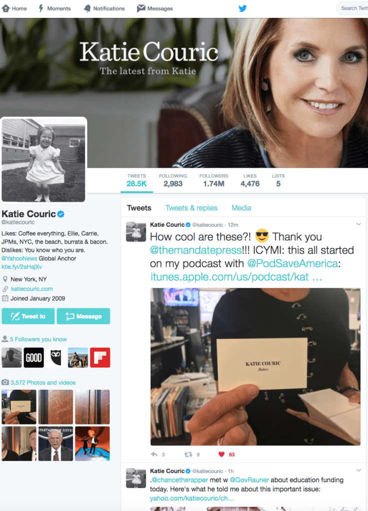 Katie Couric tweet about letterpress business cards from The Mandate Press