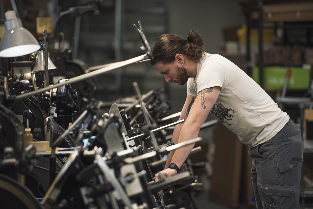 Gabriel Danilchik operates Heidelberg windmill at The Mandate Press in Salt Lake City