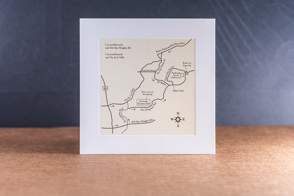 letterpress printed wedding invite map with deboss