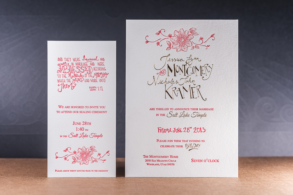 custom lettered wedding invite letterpress printed with red ink and gold foil