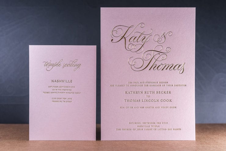 gold foil on pink stardream metallic paper wedding invite