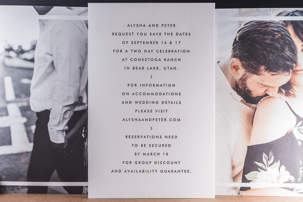 wedding invitation with offset printed images and letterpress printed insert