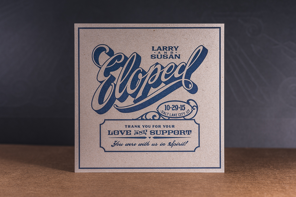 letterpress printed blue ink on kraft paper elopement announcment