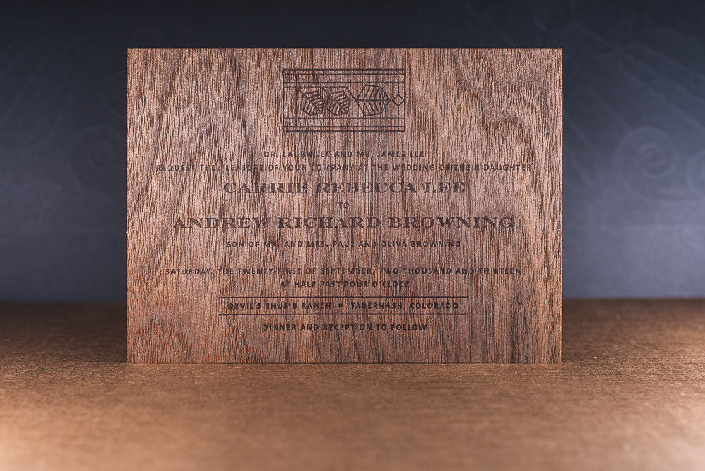 letterpress printed wood veneer wedding inviation