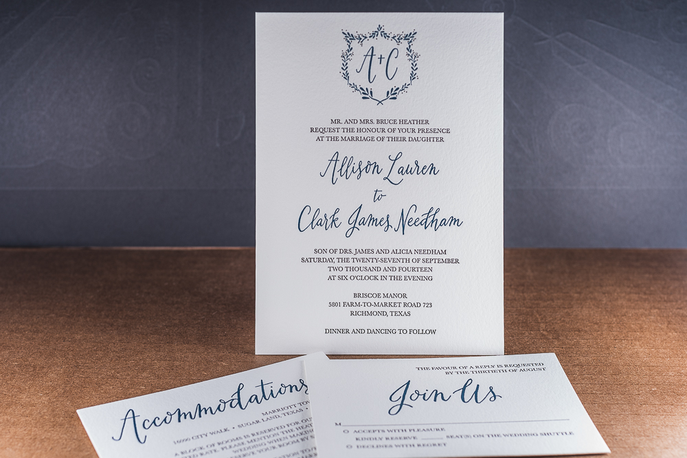 letterpress printed wedding suite with blue calligraphy on white paper