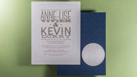 Letterpress printed wedding invitation with coaster on duplexed paper